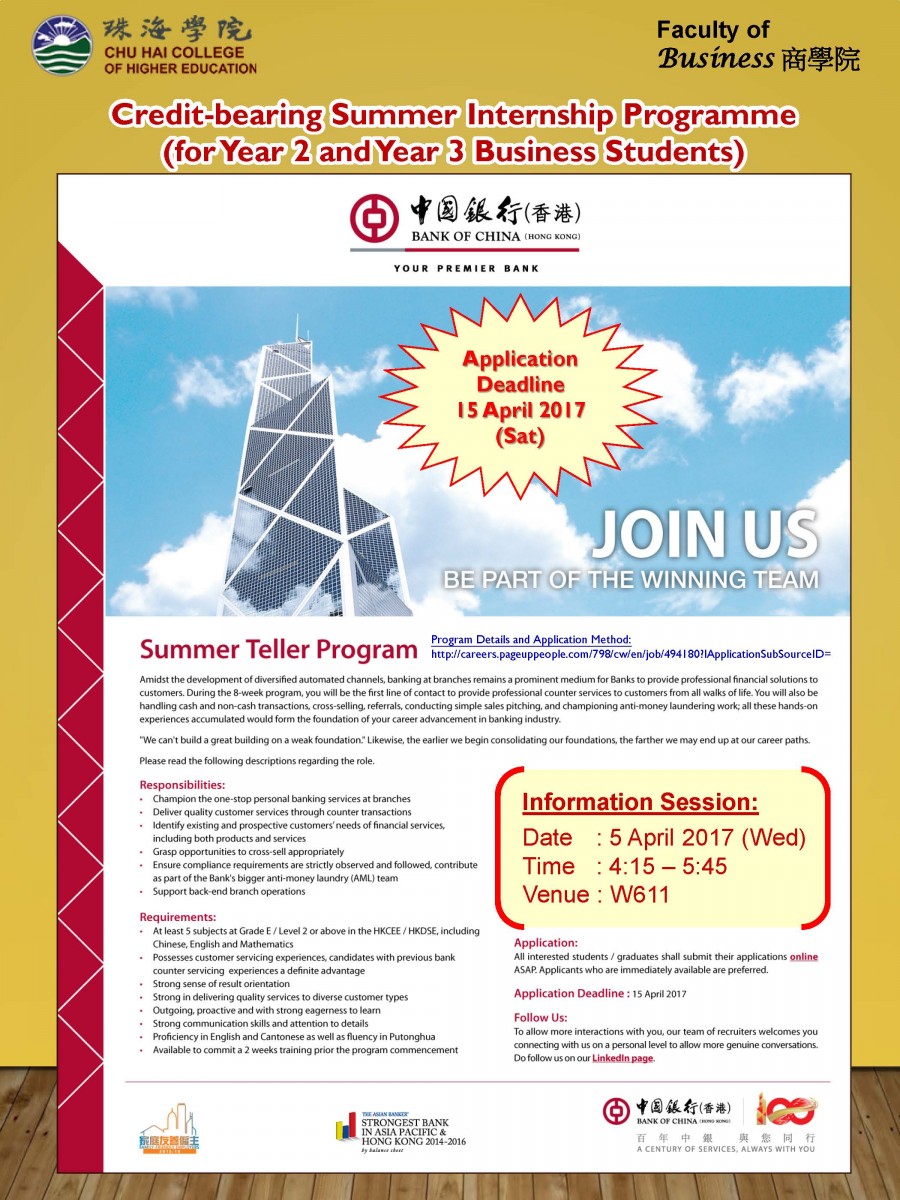 Creditbearing Summer Internship Programme (Business Faculty) Bank of